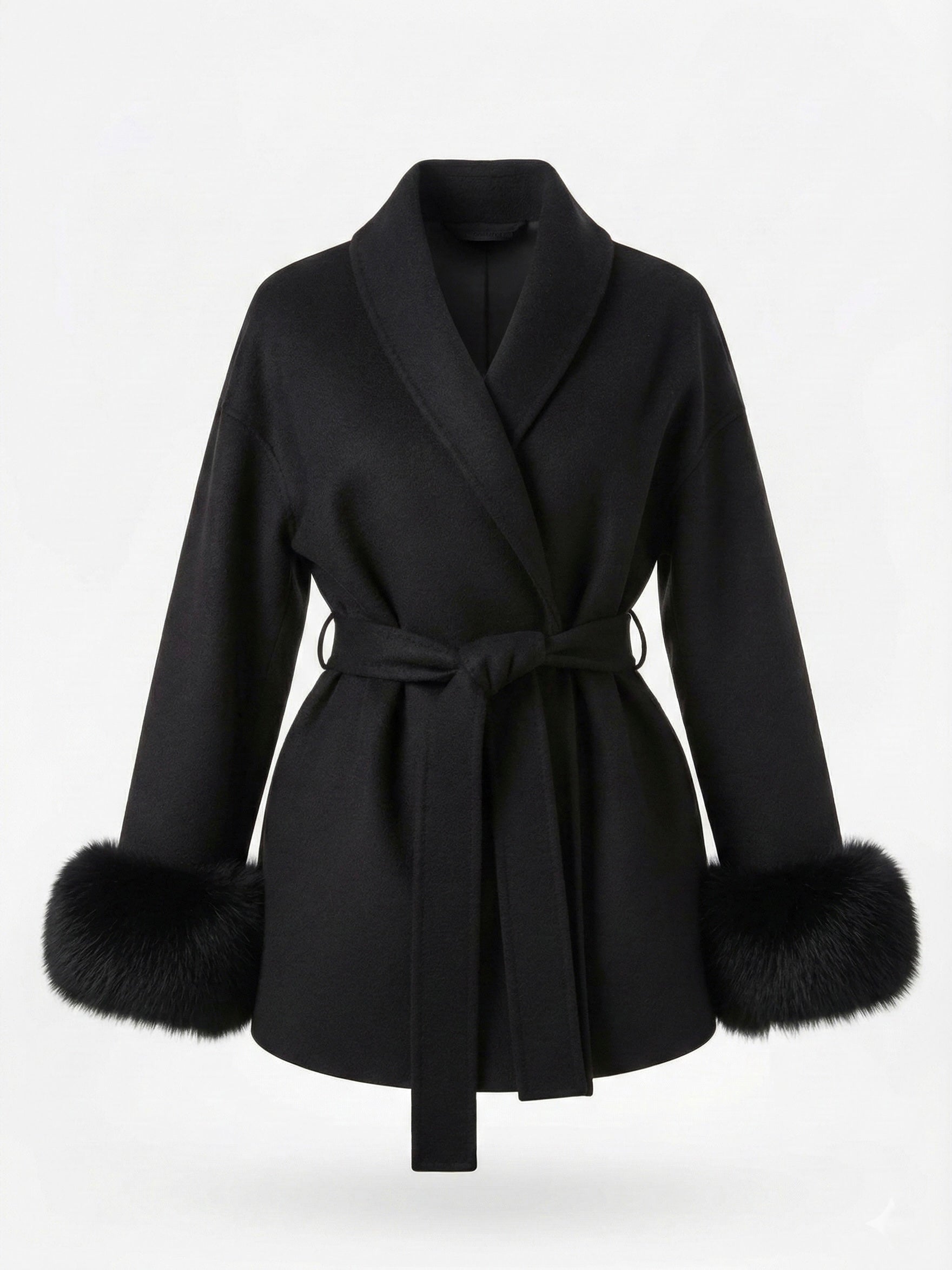 Beige Aura Belted Coat with Faux Fur Cuffs
