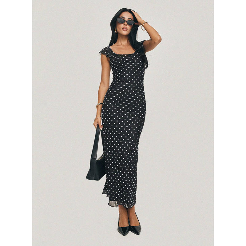 Maria | Elegant Maxi Dress Black Polka Dot
