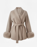 Beige Aura Belted Coat with Faux Fur Cuffs