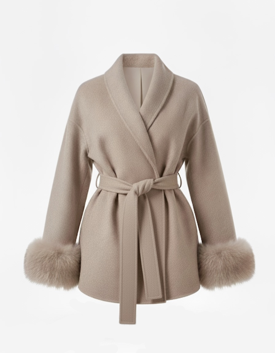 Beige Aura Belted Coat with Faux Fur Cuffs