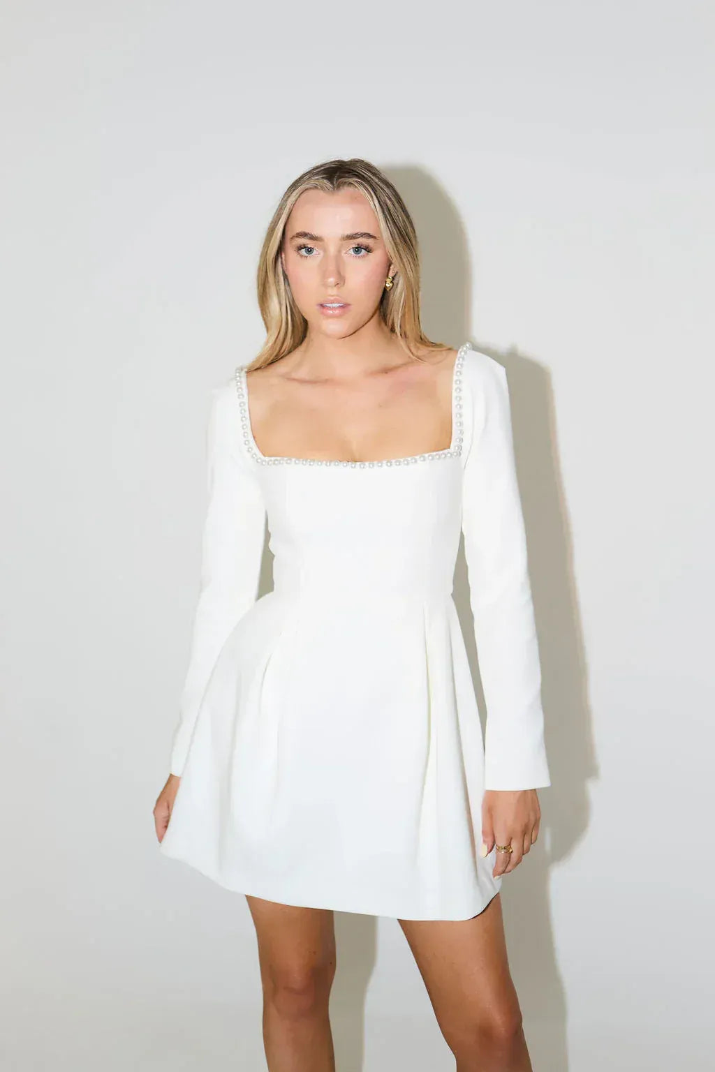 Clara | Pearl Trim Long Sleeve Mini Dress – Elegant Cocktail Silhouette
