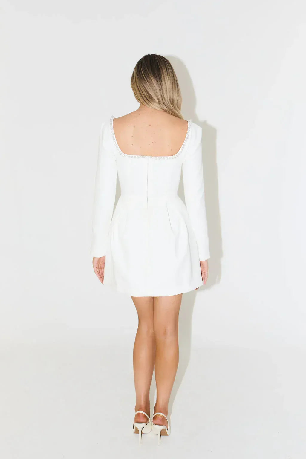 Clara | Pearl Trim Long Sleeve Mini Dress – Elegant Cocktail Silhouette