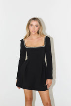 Clara | Pearl Trim Long Sleeve Mini Dress – Elegant Cocktail Silhouette