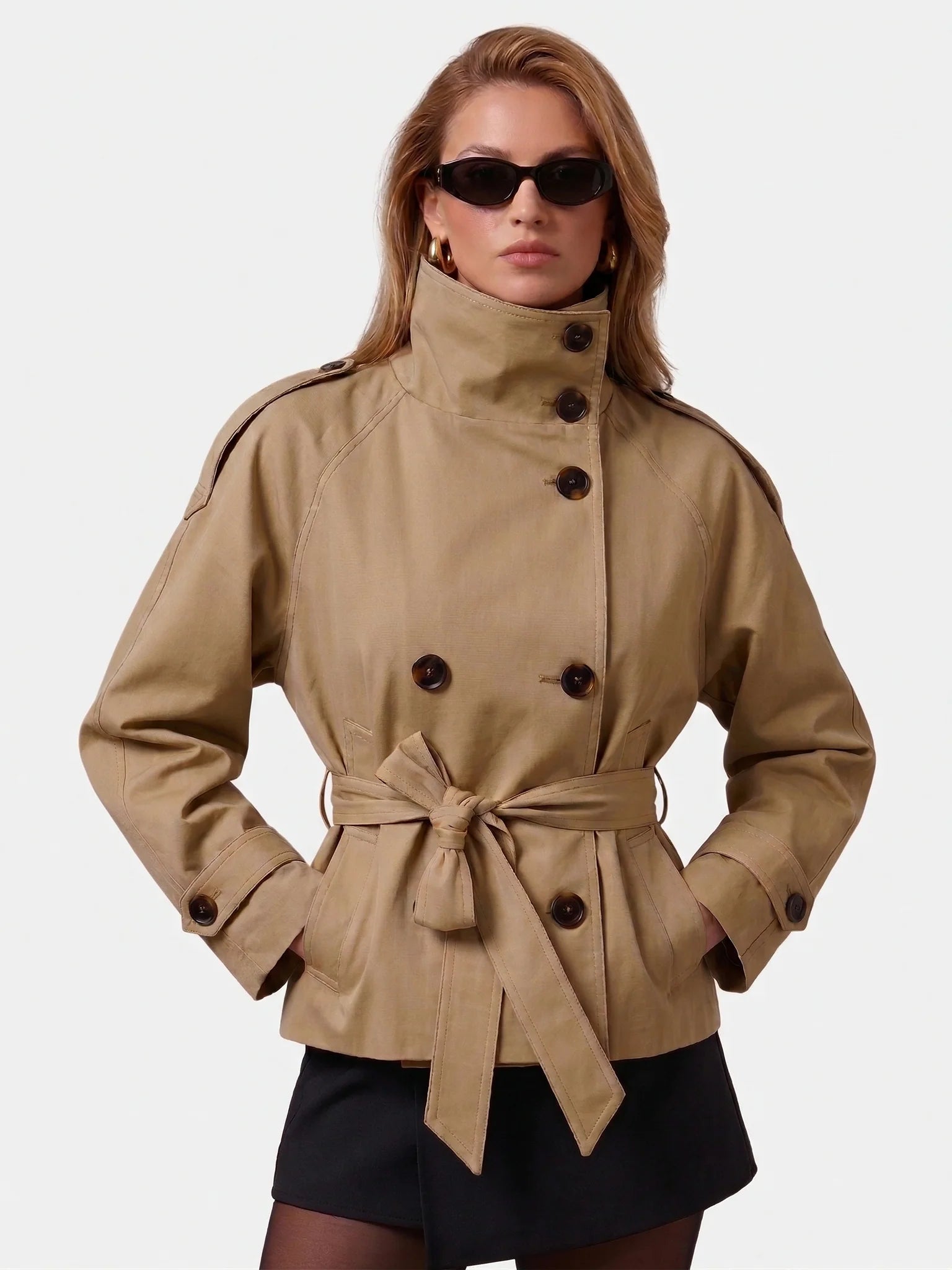Cropped Belted Trench Jacket (Beige)