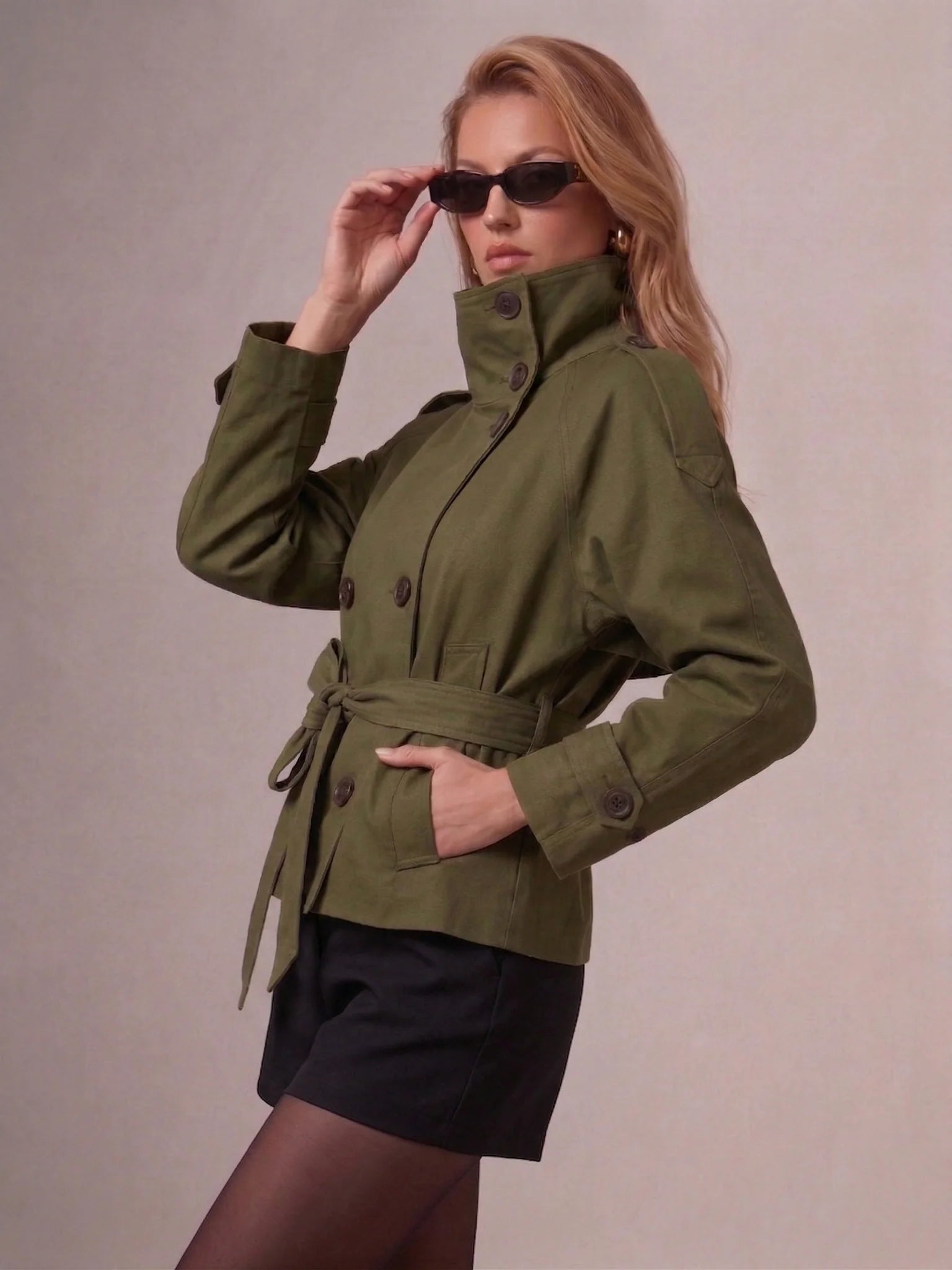 Cropped Belted Trench Jacket (Green)